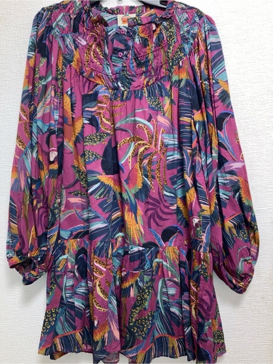 FARM Rio Dresses & Skirts - FARM Rio Purple Multi Bird & Tropical Print Long Sleeve Dress